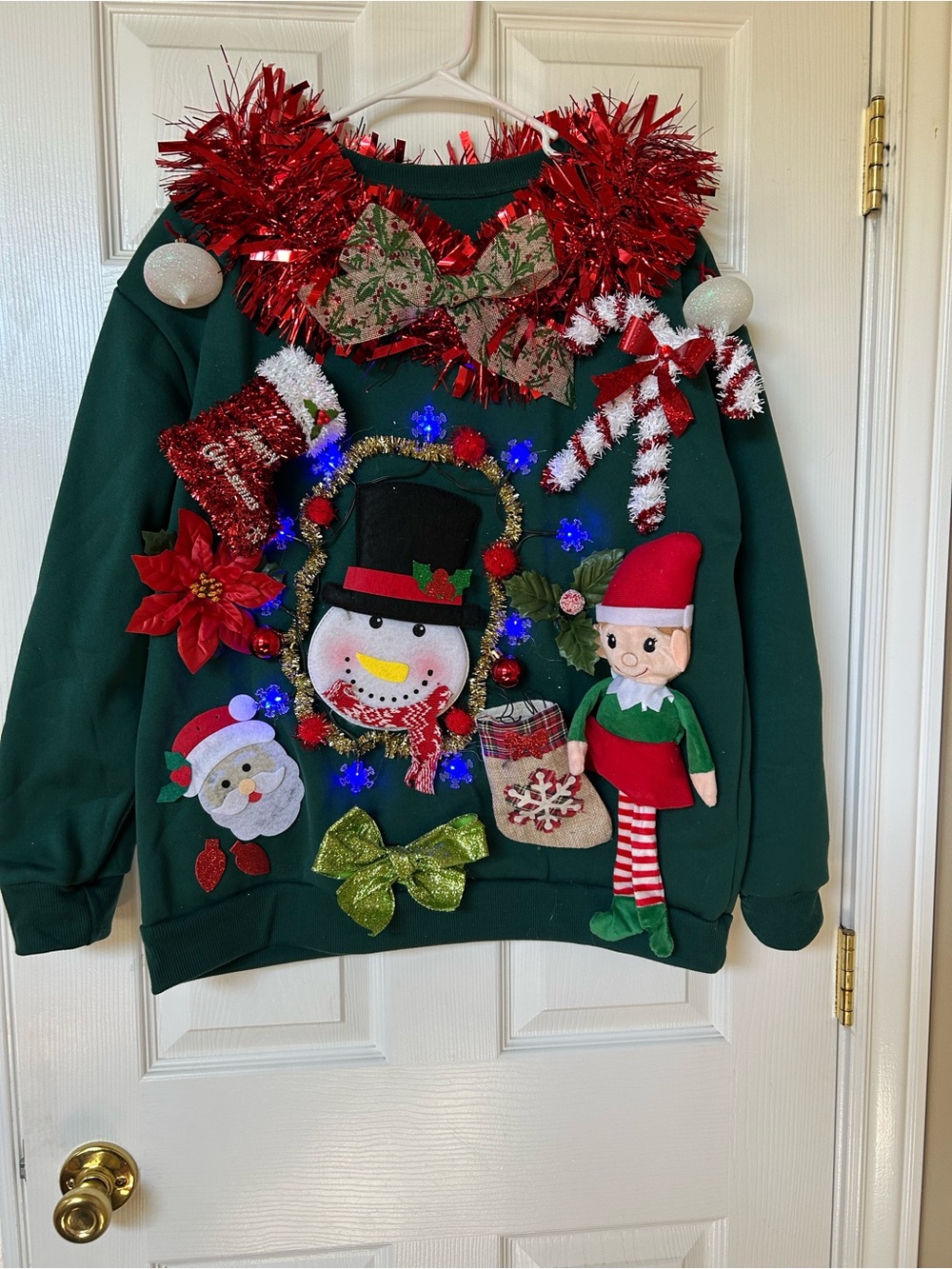 Ugly Christmas Sweater Green Holiday Sweatshirt with Red, White & Gold Accents